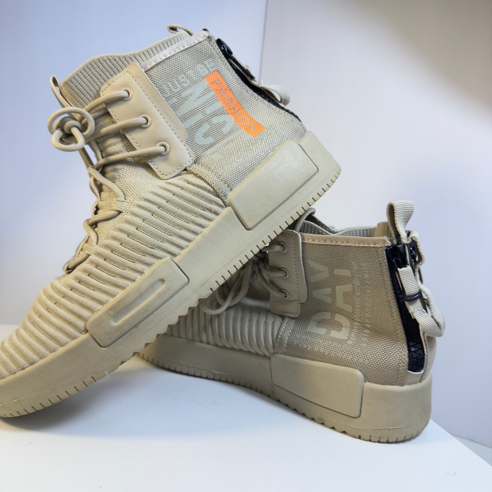 Men's High Top Sneakers Size US 13 Tan Knit Zip Up Techwear Streetwear Shoes